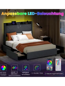 COSTWAY Betten & Matratzen<Doppelbettgestell inkl. LED 200 x 140 cm in Grau