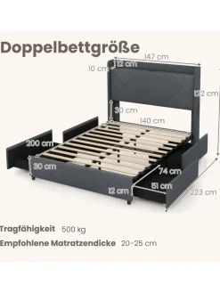 COSTWAY Betten & Matratzen<Doppelbettgestell inkl. LED 200 x 140 cm in Grau