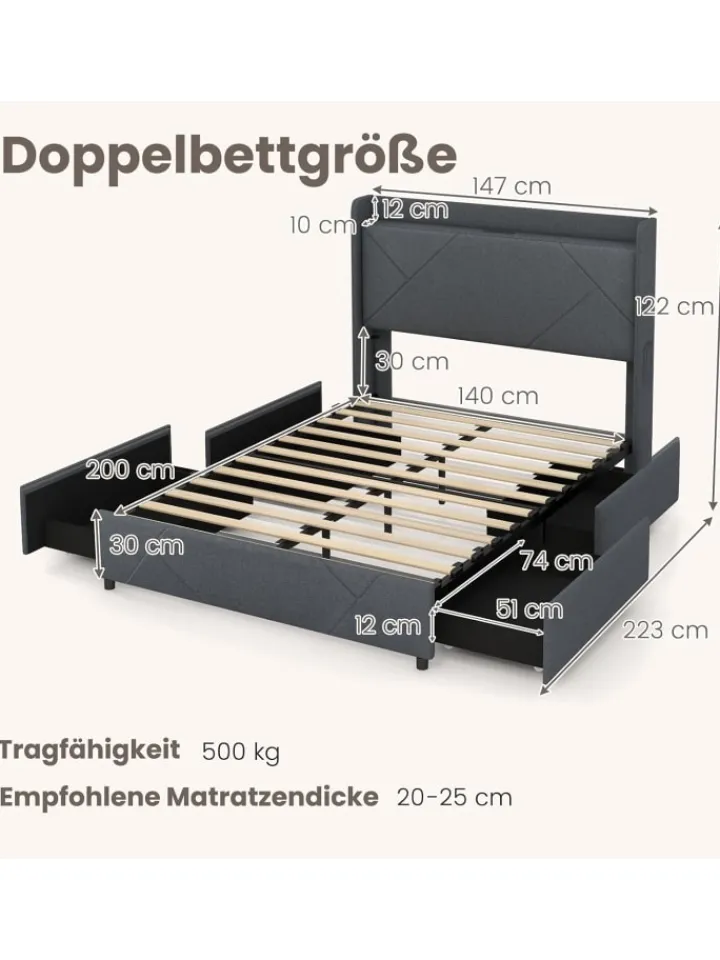 COSTWAY Betten & Matratzen<Doppelbettgestell inkl. LED 200 x 140 cm in Grau