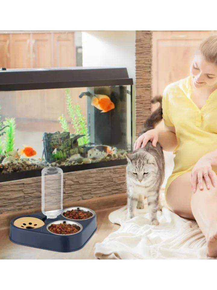 relaxdays Katzen<Doppelnapf mit Wasserspender in Blau
