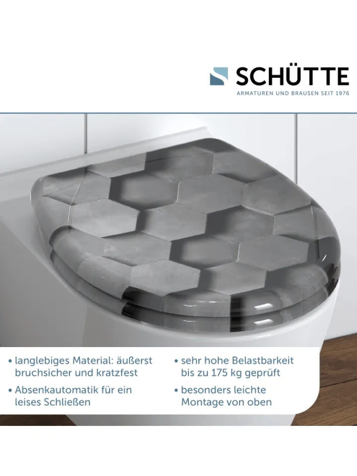 Franz Joseph Schütte Badaccessoires<Duroplast WC-Sitz GREY HEXAGONS, mit Absenkautomatik und Schnellverschluss