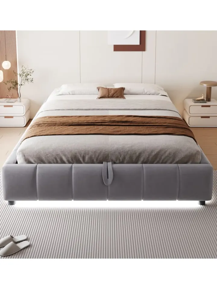 ABRIHOME Betten & Matratzen<Einzelbett 140 x 200 cm Schwebebettrahmen mit Stauraum und LED-Lichtleiste, Grau