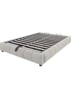 ABRIHOME Betten & Matratzen<Einzelbett 140 x 200 cm Schwebebettrahmen mit Stauraum und LED Lichtleiste, Beige