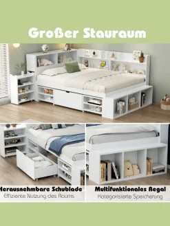 ABRIHOME Betten & Matratzen<Einzelbett in Weiß mit Schubladen Regal und Stauraum 90x200 cm