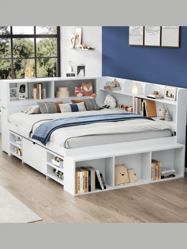 ABRIHOME Betten & Matratzen<Einzelbett in Weiß mit Schubladen Regal und Stauraum 90x200 cm