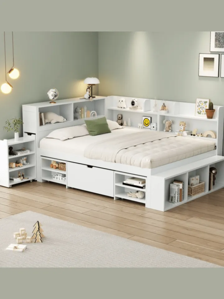 ABRIHOME Betten & Matratzen<Einzelbett in Weiß mit Schubladen Regal und Stauraum 90x200 cm