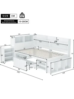 ABRIHOME Betten & Matratzen<Einzelbett in Weiß mit Schubladen Regal und Stauraum 90x200 cm
