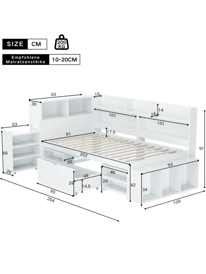 ABRIHOME Betten & Matratzen<Einzelbett in Weiß mit Schubladen Regal und Stauraum 90x200 cm