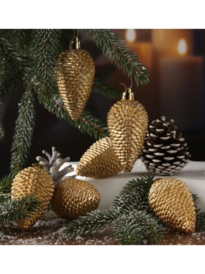 MARELIDA Weihnachtsschmuck<6er Set Baumschmuck Tannenzapfen bruchfest glitzernd in gold