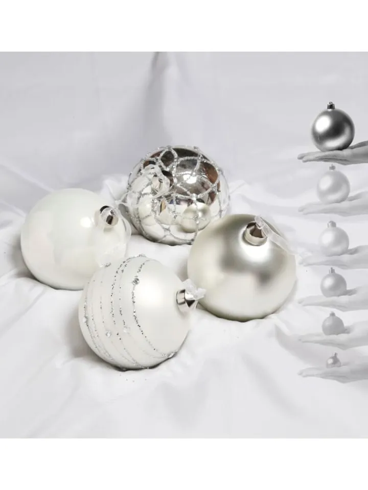 MARELIDA Weihnachtsschmuck<4er Set Weihnachtskugeln Glas D: 10cm in silber, weiß