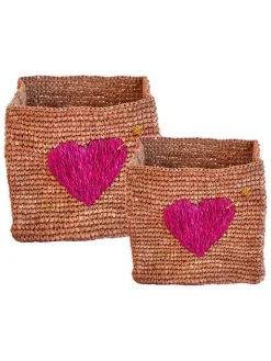 Rice Kisten & Körbe<2er-Set: Aufbewahrungskörbe in Hellbraun/ Pink - (B)14 x (H)14 x (T)14 cm