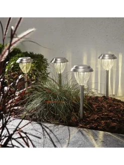 STAR Trading Außenbeleuchtung|Außenleuchten<4er-Set: LED-Solar-Gartenstecker "Palma" in Silber - (L)28 x (B)12 cm