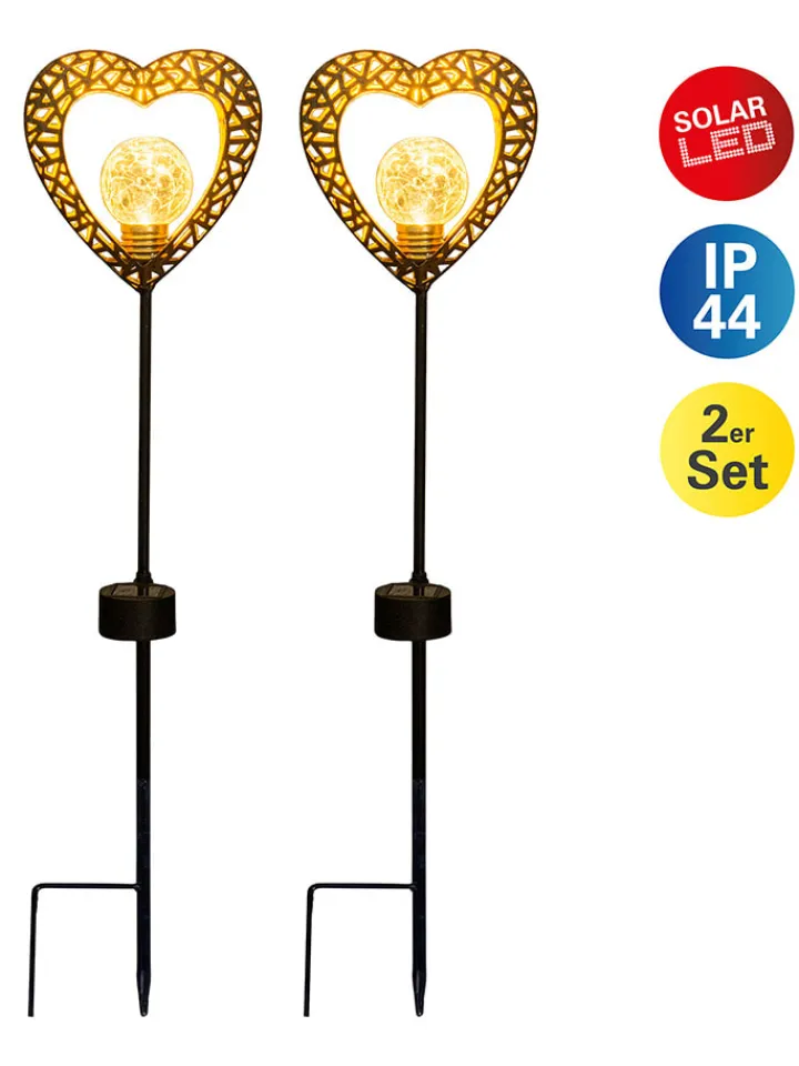 näve Außenbeleuchtung|Außenleuchten<2er-Set: LED-Solar-Gartenstecker "Herz" in Schwarz/ Braun - (B)12,5 x (H)59 cm