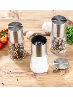 Chefware Koch- & Backutensilien|Gedeckter Tisch<3er-Set: Mini-Edelstahl-Salz-/ Pfeffermühlen - (H)5,6 x Ø 3,2 cm