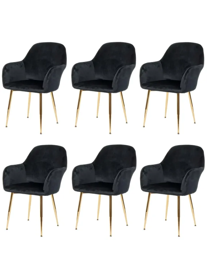 MCW Möbel-Sets<6er-Set Retro Esszimmerstuhl F18, Samt schwarz, goldene Beine