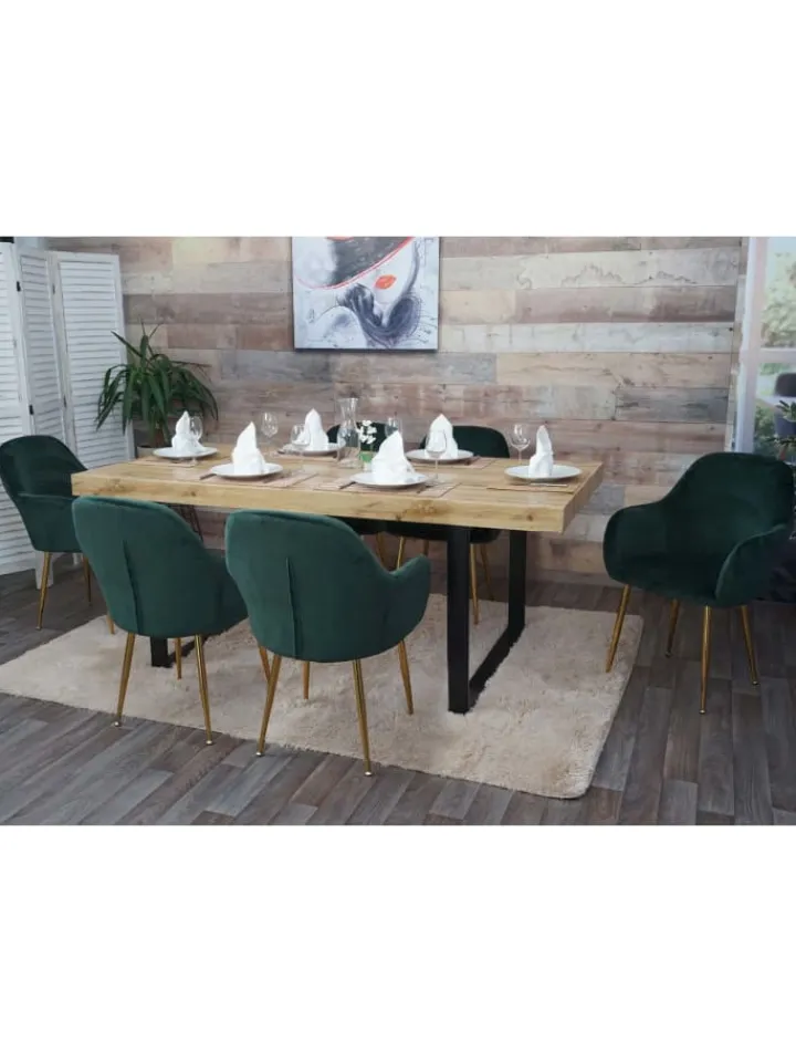 MCW Möbel-Sets<2er-Set Retro Esszimmerstuhl F18, Samt grün, goldene Beine