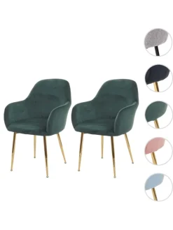 MCW Möbel-Sets<2er-Set Retro Esszimmerstuhl F18, Samt grün, goldene Beine