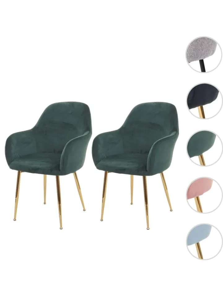 MCW Möbel-Sets<2er-Set Retro Esszimmerstuhl F18, Samt grün, goldene Beine