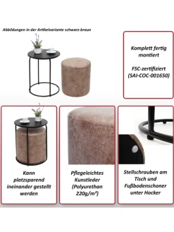 MCW Möbel-Sets<2er-Set Sitzhocker und Beistelltisch K48, Braun