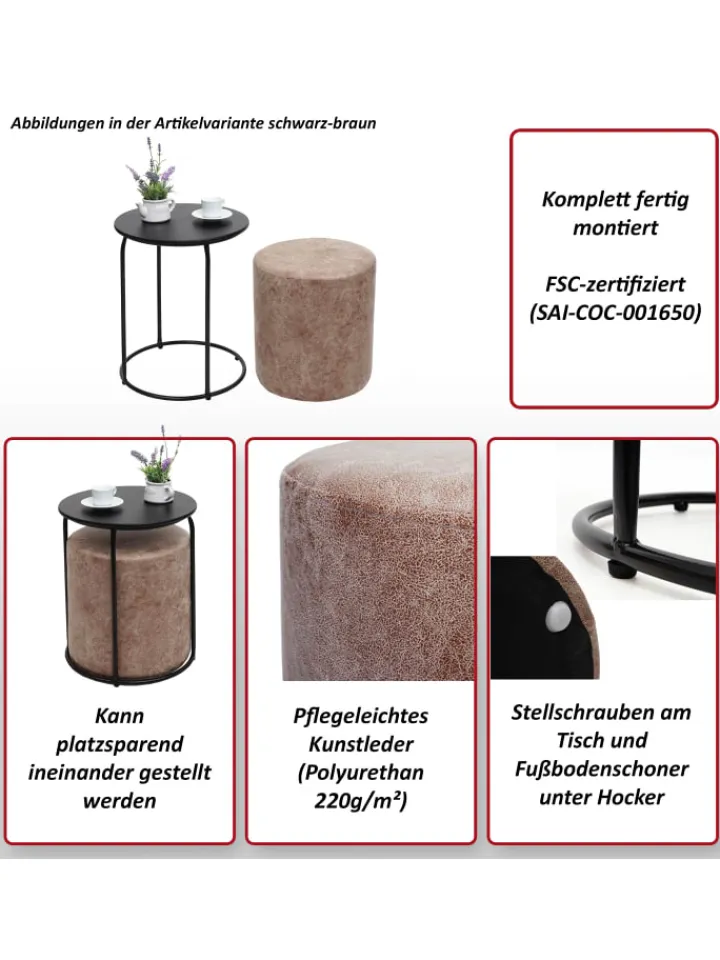 MCW Möbel-Sets<2er-Set Sitzhocker und Beistelltisch K48, Braun