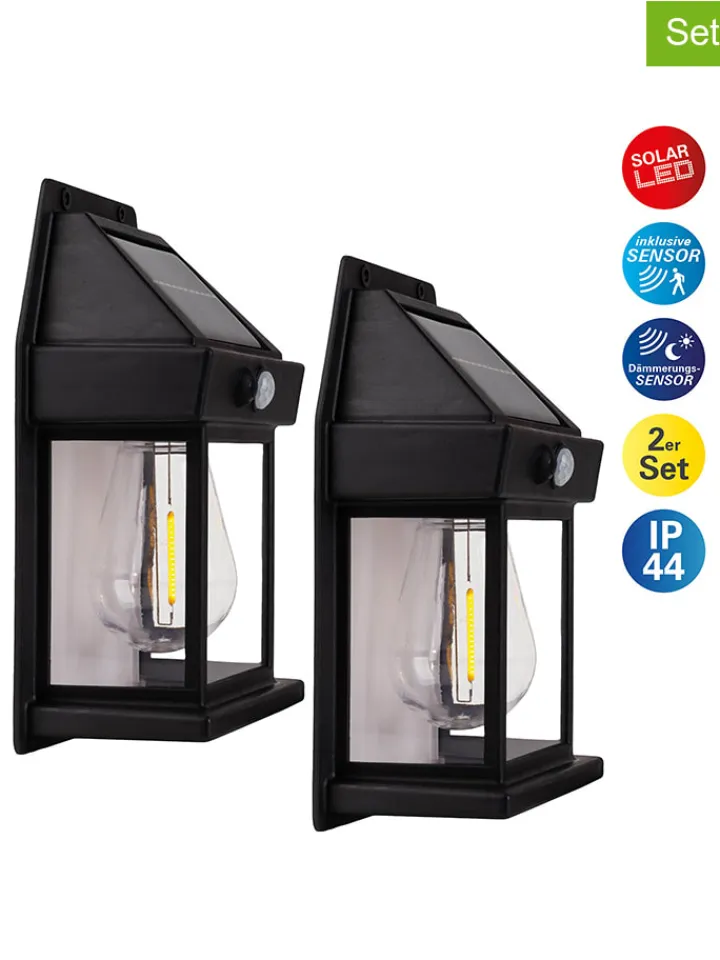 näve Außenbeleuchtung|Außenleuchten<2er-Set Solar-Wandleuchte "Mira" in Schwarz - (B)12 x (H)17 cm