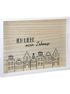 GILDE Dekofiguren & -Objekte<2er-Set Tabletts "Stadtlichter" in Weiß/ Hellbraun - (L)35 x (B)25 x (H)4 cm
