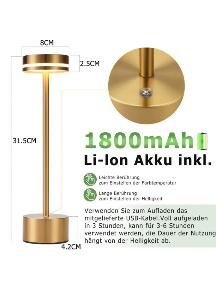 ZMH Tischleuchten<2er-Set Tischleuchte LED in gold Akku Kabellos Touch Dimmbar H 31.5cm