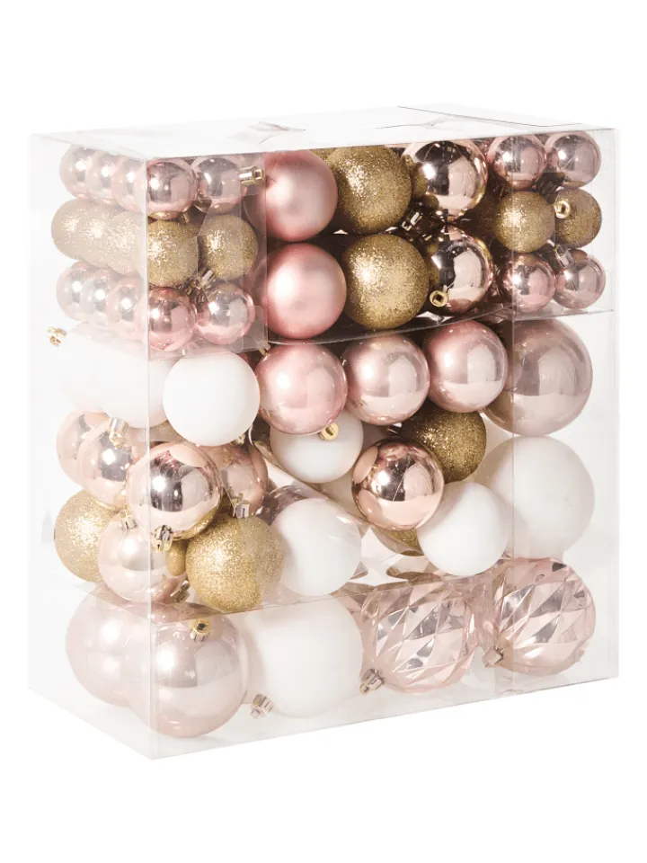 Beliani Künstliche Weihnachtsbäume<114er-Set Weihnachtsbaumkugeln GJENDE in Rosa/Gold