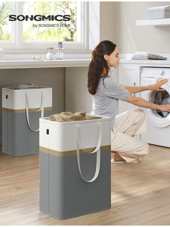 SONGMICS Wäschekörbe & -Ständer<2er-Set: Wäschekörbe in Dunkelgrau/ Weiß - (B)40 x (H)65 x (T)30 cm