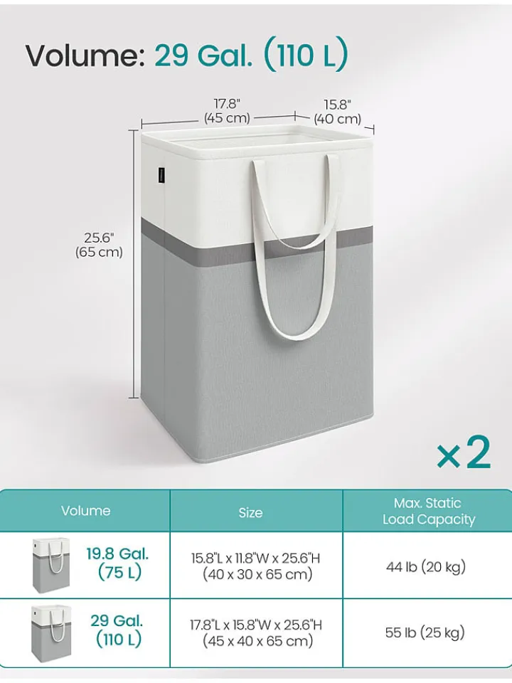 SONGMICS Wäschekörbe & -Ständer<2er-Set: Wäschekörbe in Grau/ Weiß - (B)45 x (H)65 x (T)40 cm