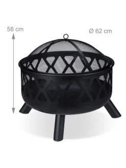 relaxdays Grillen<Feuerschale mit Funkenschutz in Schwarz - Ø 62 cm