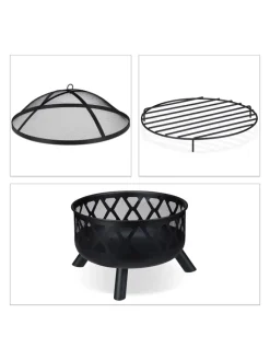 relaxdays Grillen<Feuerschale mit Funkenschutz in Schwarz - Ø 62 cm