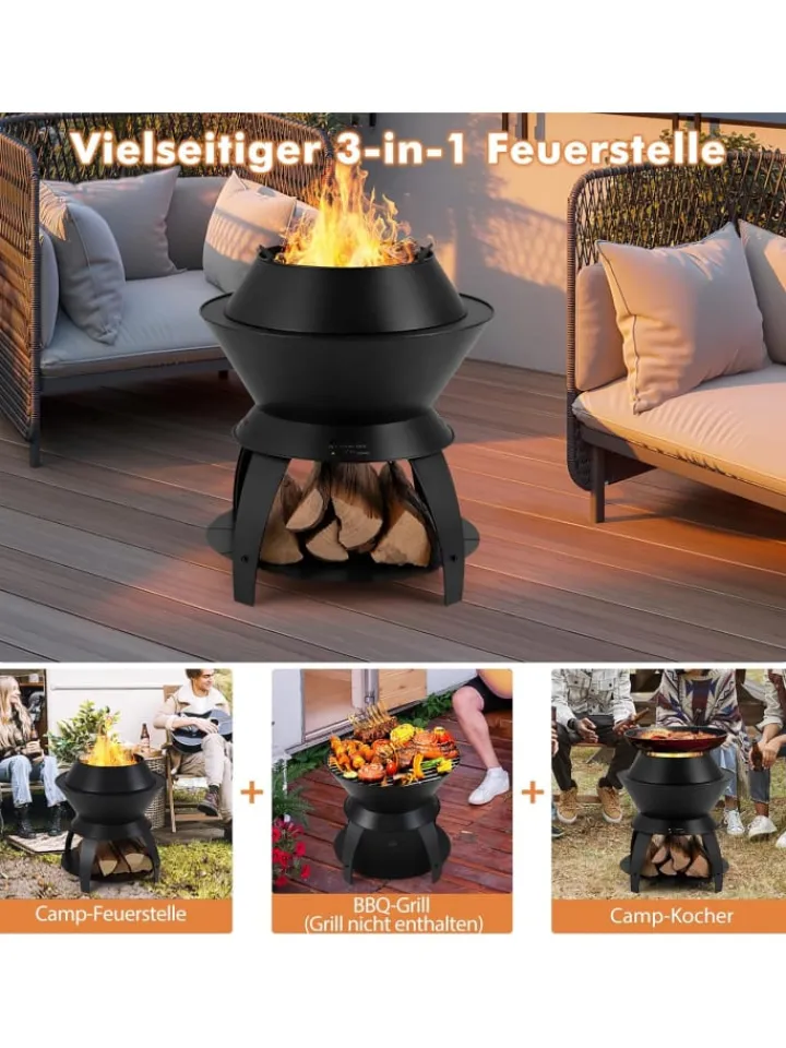 COSTWAY Grillen<Feuerstelle mit Topfhalter und Ablage in Schwarz