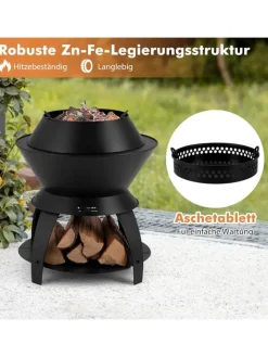 COSTWAY Grillen<Feuerstelle mit Topfhalter und Ablage in Schwarz