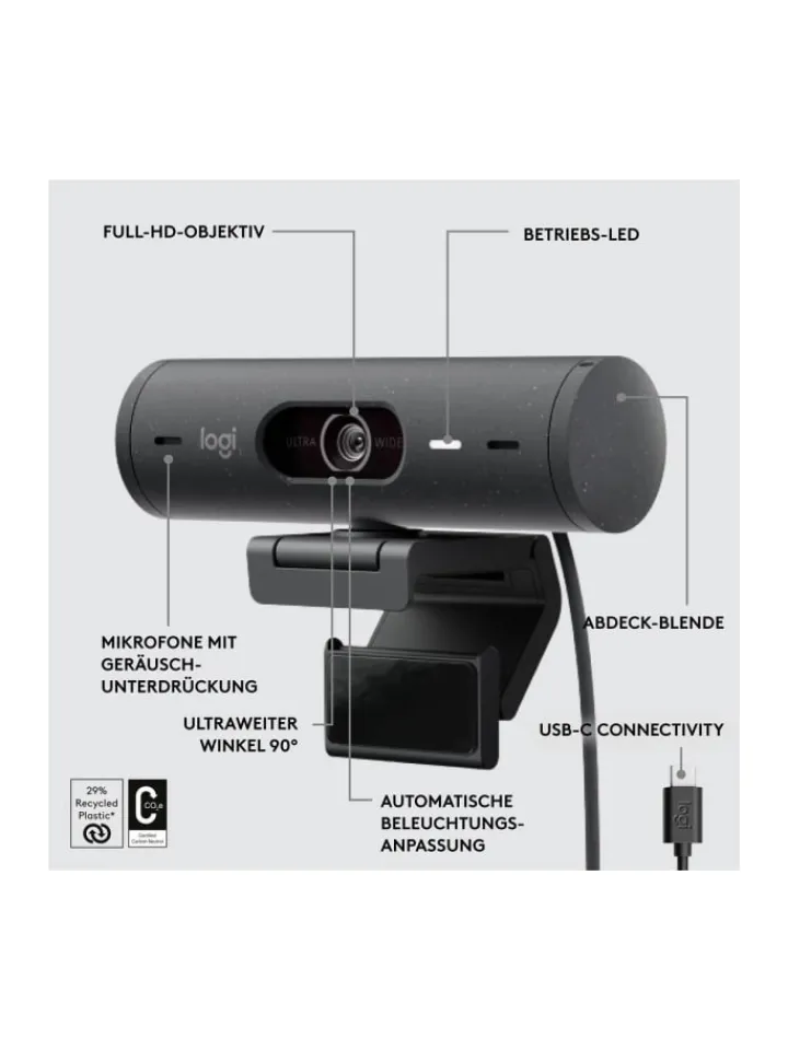 Logitech Foto & Video<Full HD-Webcam Klemm-Halterung, Stereo-Mikrofon, Integrierte in Schwarz