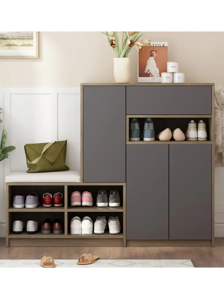 ABRIHOME Garderoben<Garderobenset in Grau mit Sitzbank 4 Haken und Schubladen 100x180x35 cm