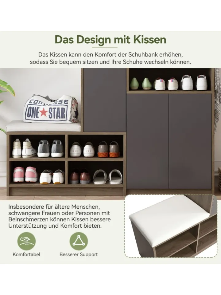 ABRIHOME Garderoben<Garderobenset in Grau mit Sitzbank 4 Haken und Schubladen 100x180x35 cm