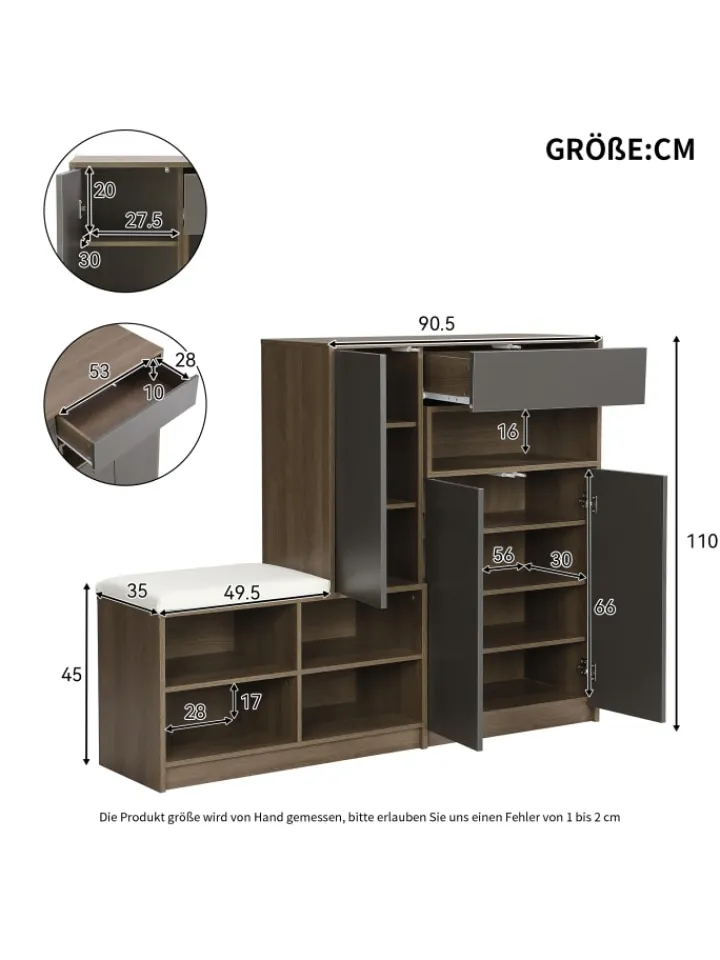 ABRIHOME Garderoben<Garderobenset in Grau mit Sitzbank 4 Haken und Schubladen 100x180x35 cm
