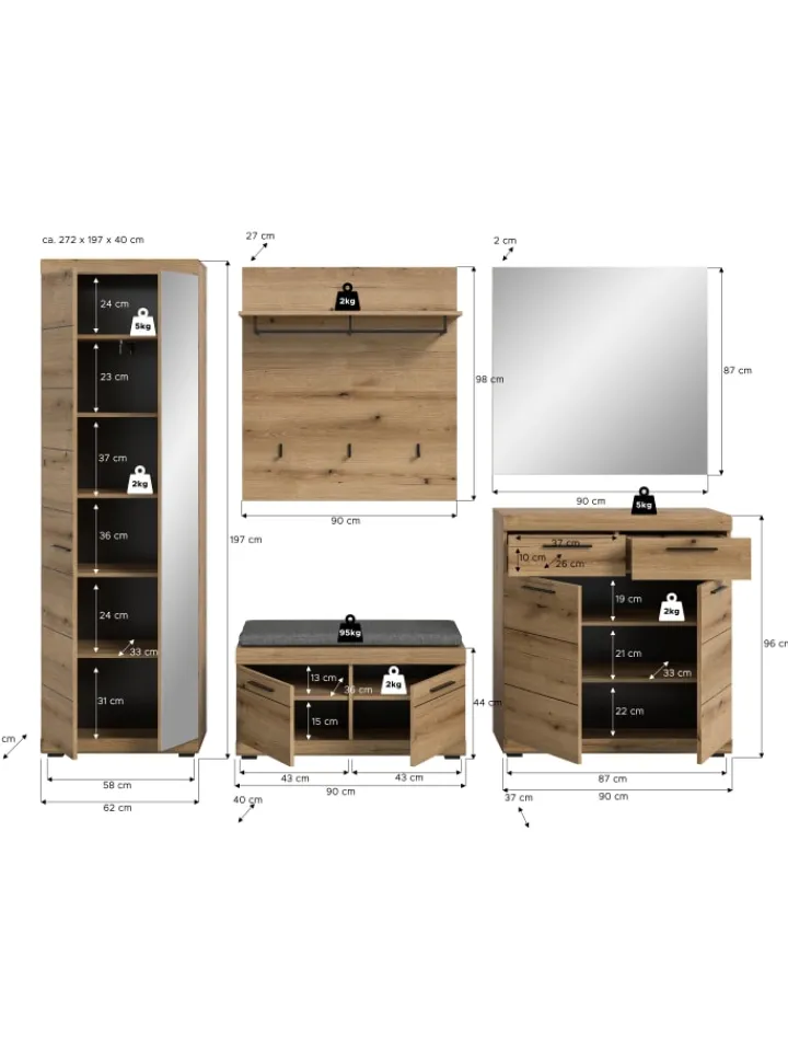 xonox.home Möbel-Sets<Garderoben-Set ink. Sitzkissen (B/H/T: 272x197x40 cm) in Evoke Oak Nachbildung