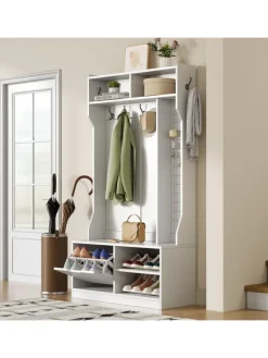 ABRIHOME Garderoben<Garderobenset mit Sitzbank in Weiß - 100×185.5×40 cm