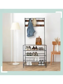 relaxdays Garderoben<Garderobenständer in Schwarz/ Dunkelbraun - (B)80 x (H)190 x (T)30 cm
