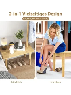 COSTWAY Wäschekörbe & -Ständer<Garderobenständer mit Beistelltisch 3 in 1 in Beige