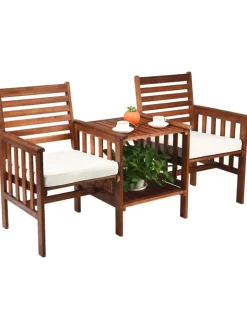 COSTWAY Gartenmöbel<Gartenbank 2-Sitzer mit Beistelltisch in Braun