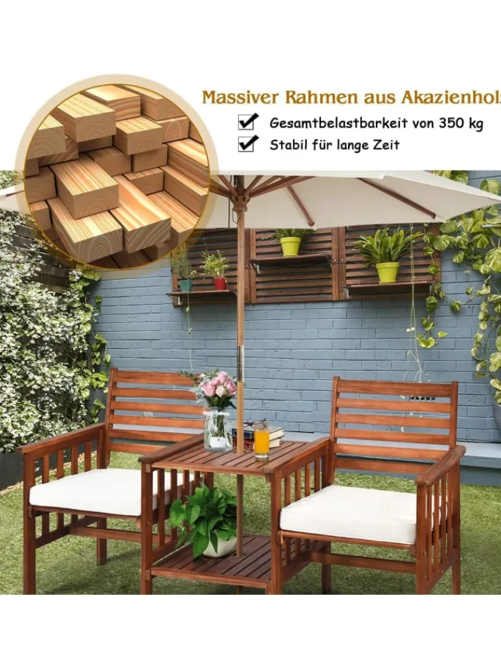 COSTWAY Gartenmöbel<Gartenbank 2-Sitzer mit Beistelltisch in Braun