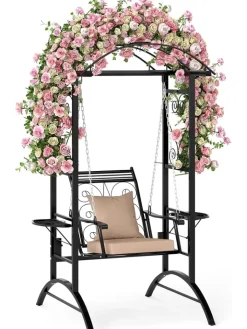 COSTWAY Gartenmöbel<Gartenschaukel mit Gestell & 2 Rankgittern in Schwarz