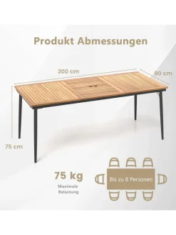 COSTWAY Gartenmöbel<Gartentisch mit Schirmloch 200x90cm in Braun
