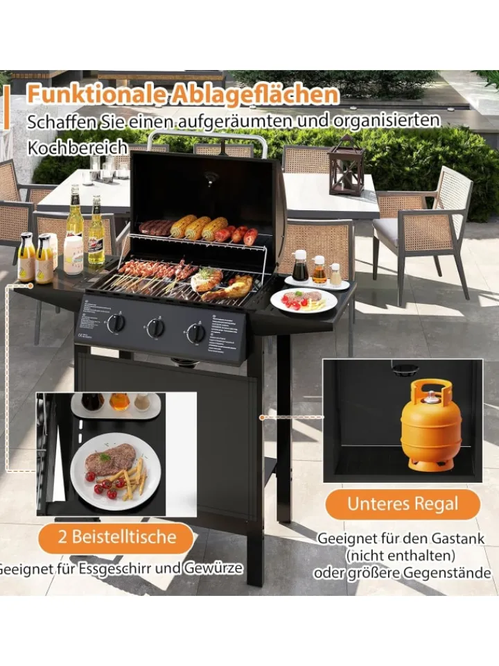 COSTWAY Grillen<Gasgrill mit 3 Brenner 7 kW in Schwarz