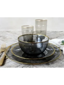Chic Antique Dekoschalen<Glasschale mit Goldrand in Grau | Gold