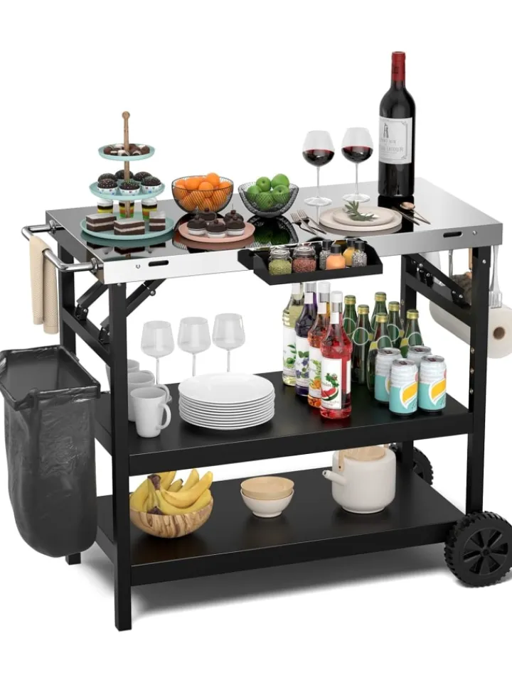 COSTWAY Grillen<Grillwagen 3 Ablagen in Schwarz