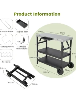 COSTWAY Grillen<Grillwagen 3 Ablagen in Schwarz